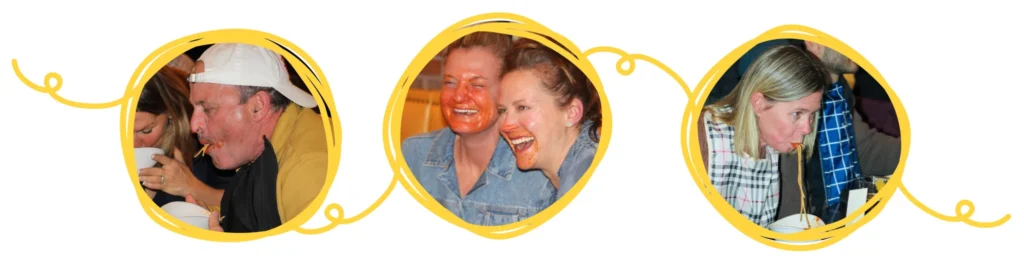 Images of no-hands spaghetti dinner participants