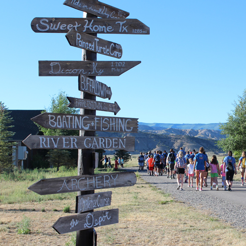 sign that shows locations around camp. campers in the background