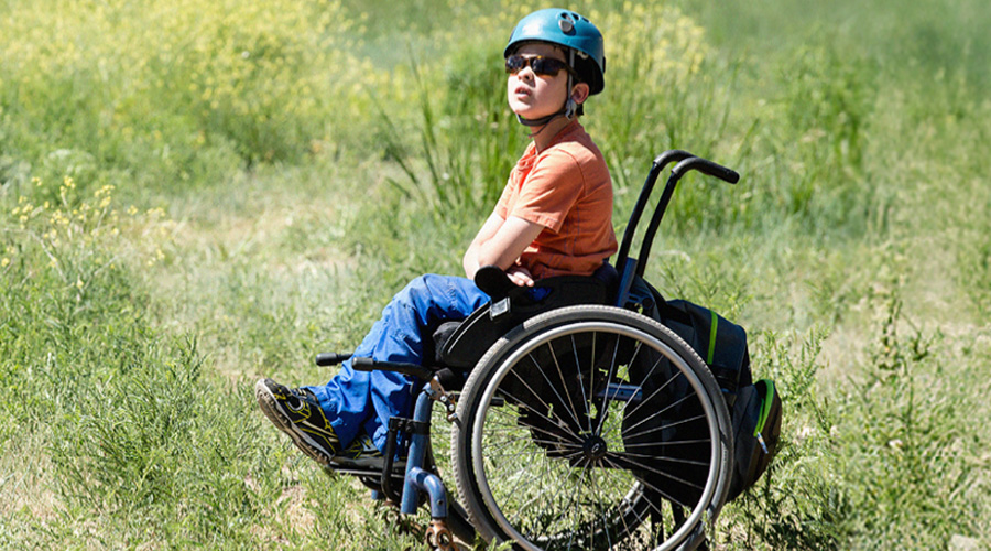 camper in wheelchair in field